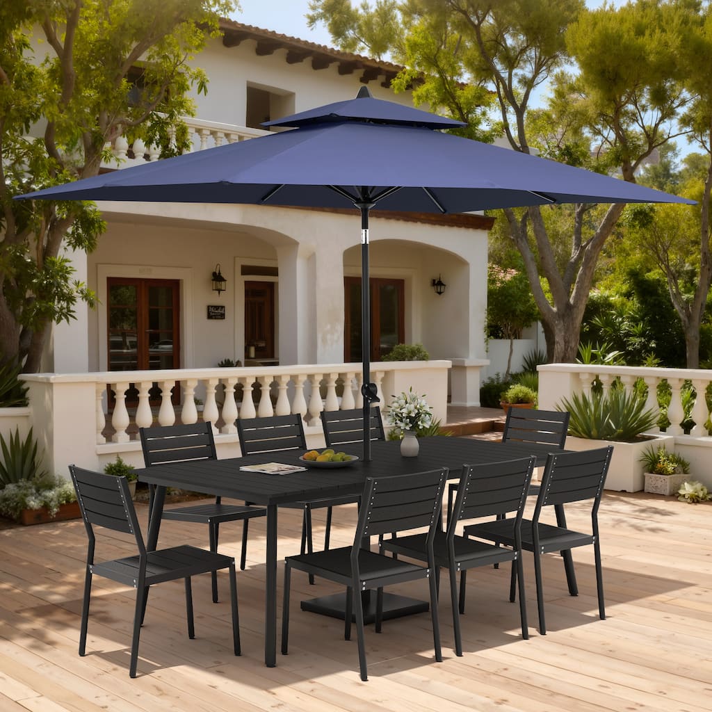 11PC Outdoor Patio Dining Set Aluminum Table with Stackable Chairs w/ Market Umbrella Set