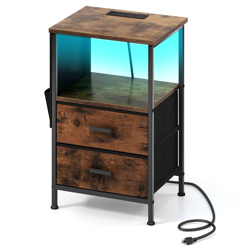 Gymax End Table w/Charging Station 2 Folding Fabric Drawers 6 Side