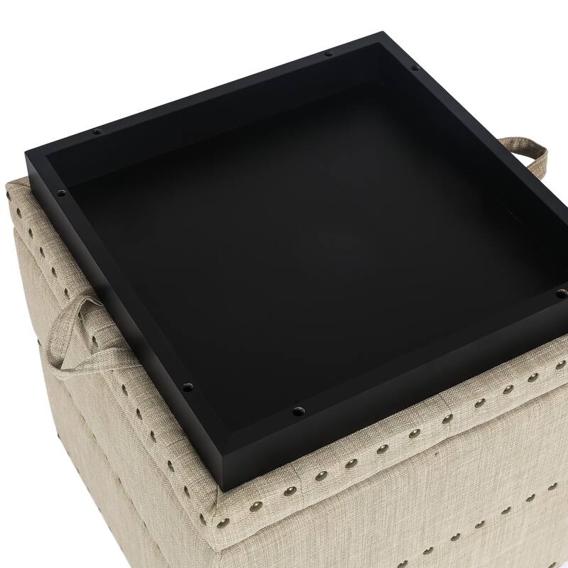 Adeco Fabric Square Ottoman with Tray