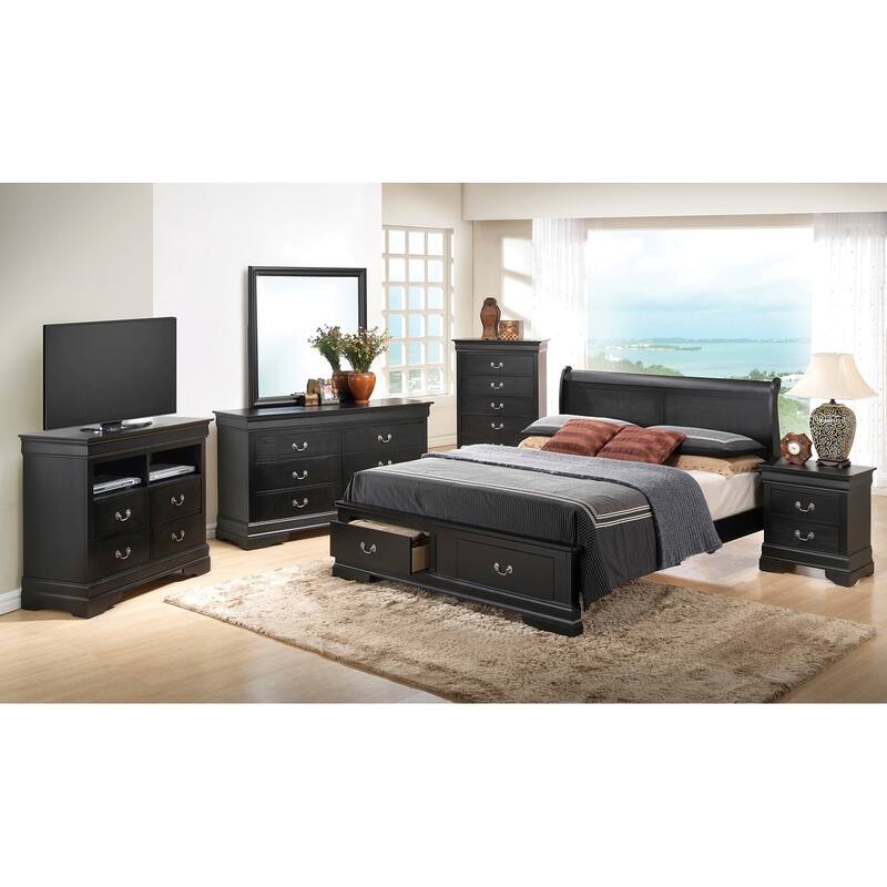 Queen Sleigh Bed with Two Storage Drawers - 87" - Black