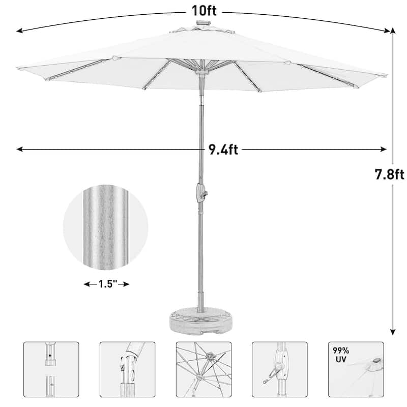 Ainfox 10ft Solar Patio Umbrella 40 LED Lighted and Umbrella Base, Strip Lights Outdoor Market Table Umbrella