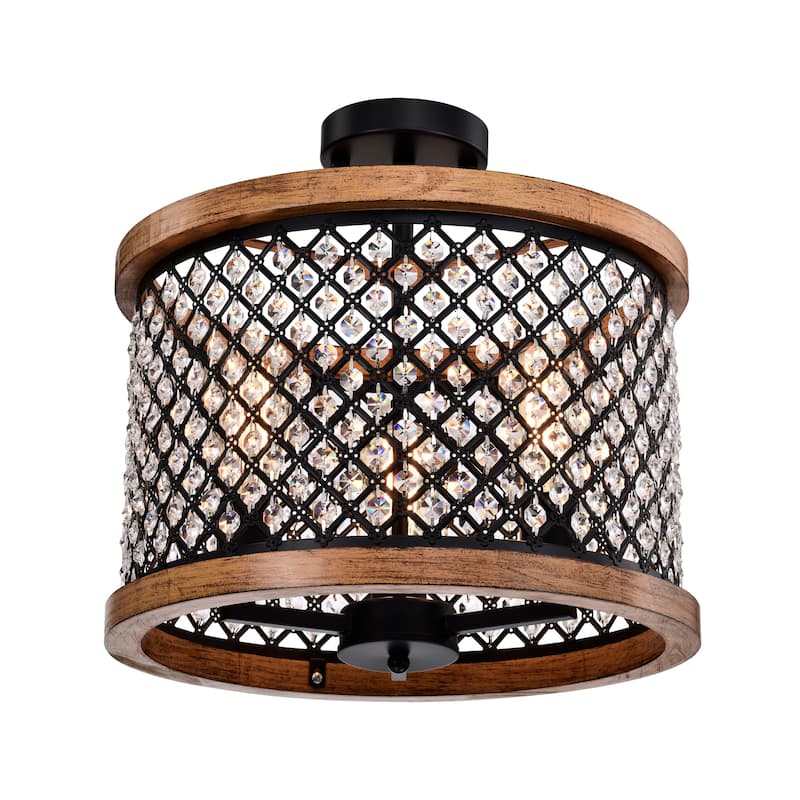 Denica 16 Inch Crystal Shade Semi Flush Mount 3-Light - Matte Black and Imitation Wood Grain