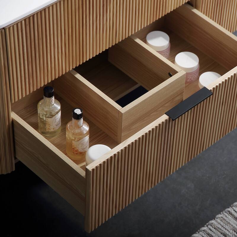 Modland 60" Natural Reeded Oak Wall-Mounted Double Sink Bathroom Vanity with Acrylic Top