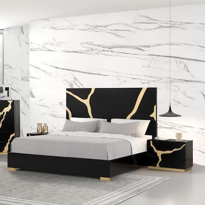 Furniture of America Kismet Modern 3-Piece Black Wood Platform Bedroom Set with Gold Accented Headboard