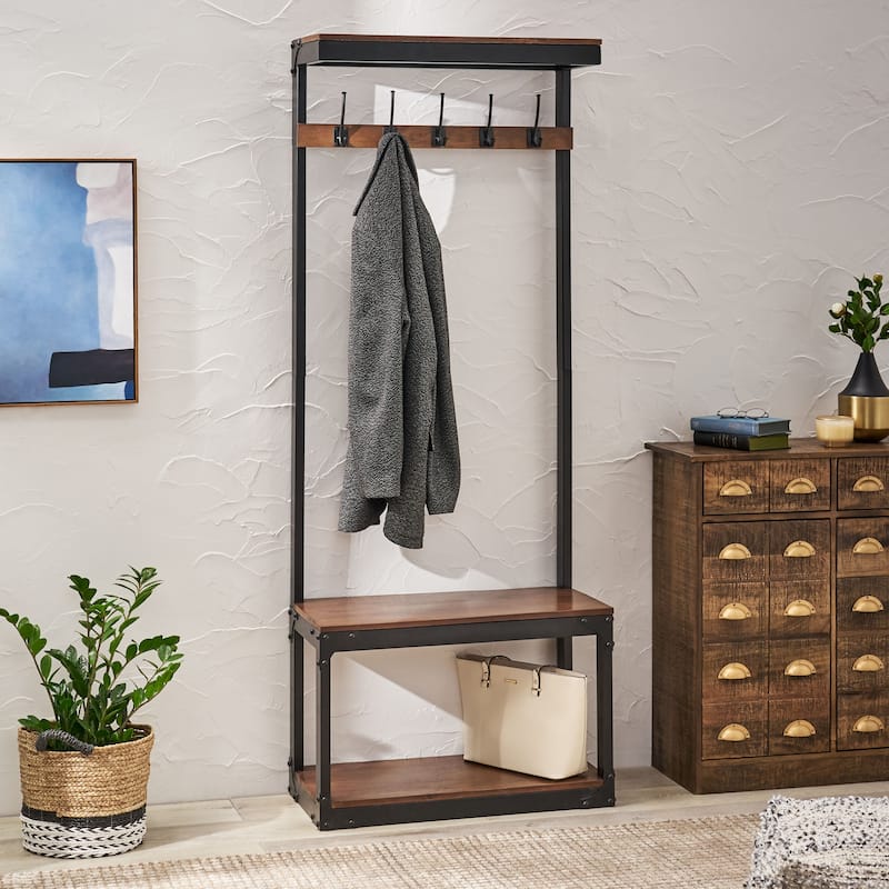 Roomfitters Industrial Hall Tree with Bench, Coat Rack with Hooks and Storage Shelf, Entryway Organizer Stand, Coffee