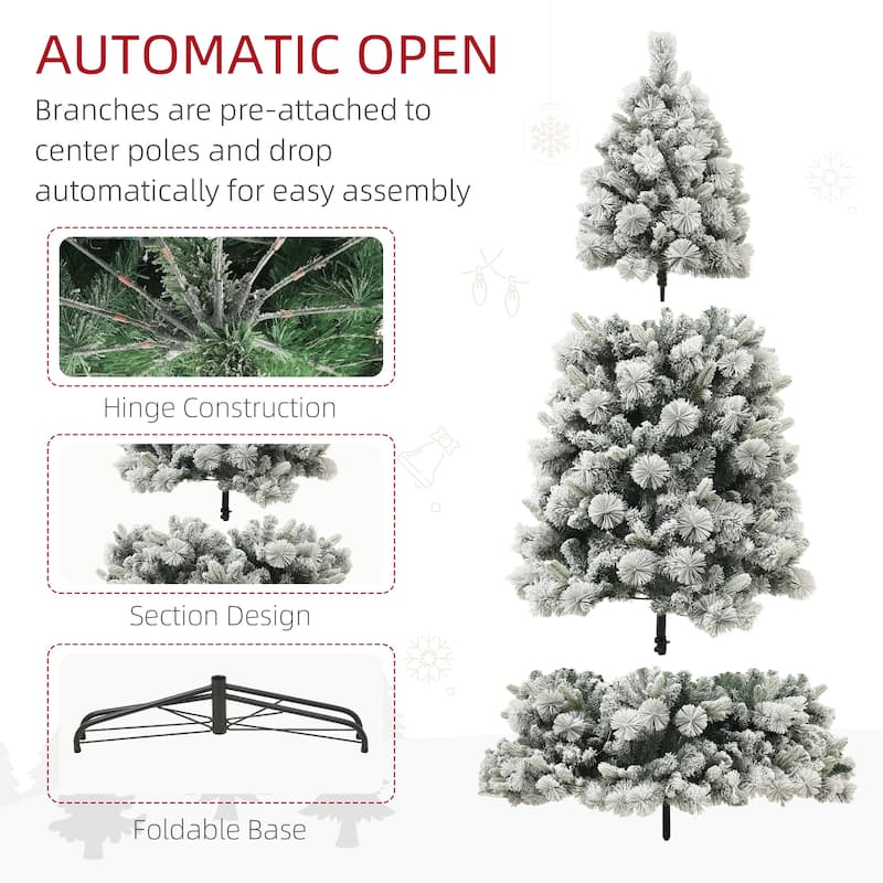 6.5 ft Pre-Lit Artificial Christmas Tree with 350 Clear Lights and 1107 Tips, Snow Flocked Christmas Tree with Metal Stand