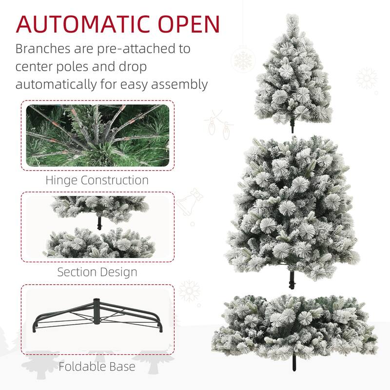 HOMCOM Pre-Lit Snow Flocked Tree - Clear Lights, Metal Stand, Hinged Branches, Home/Office - Green