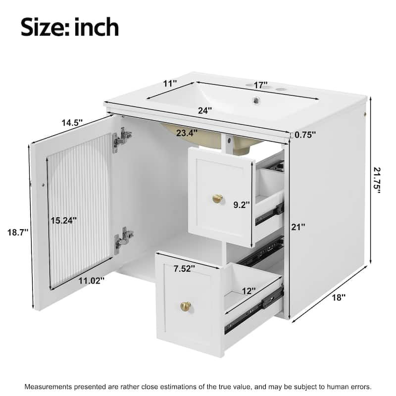 24" Bathroom Vanity Set Wall Mounted for Small Space, Bathroom Cabinet with Ceramic Sink, 2 Drawers and 1 Soft-Close Door