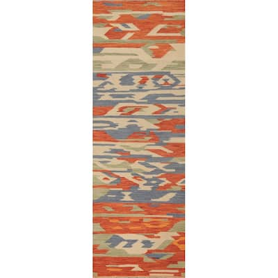 Hand Woven Oriental 100% Wool Carpet Southwestern Modern Multi-Colored Kilim Runner Rug - 8' 1'' X 2' 1''