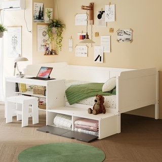 Wooden Twin Size Daybed with Storage Shelves and Lockers, Multi-functional Bed with Study Desk and Matching Stool, White