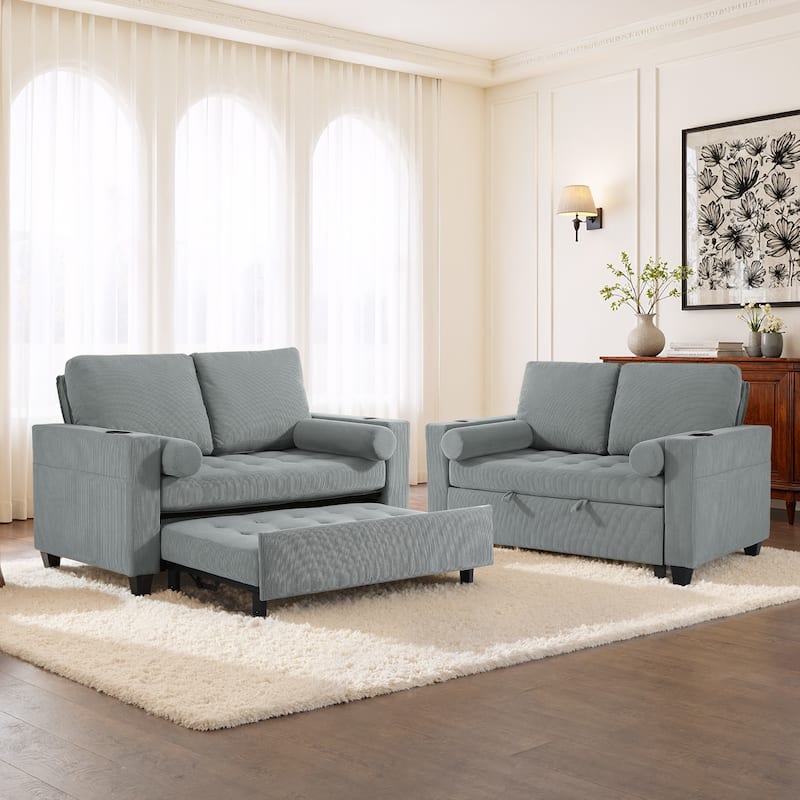 2 Set Corduroy Convertible Sleeper Sofa Bed Loveseats with Cup Holder, USB Ports & Storage