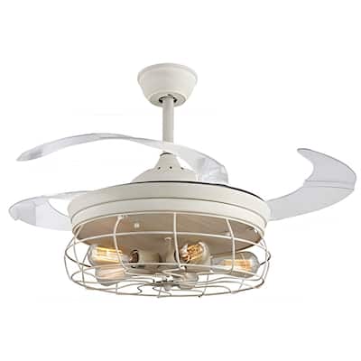 Antique 42-Inch Industrial Ceiling Fan, Retractable Blade with Remote - White