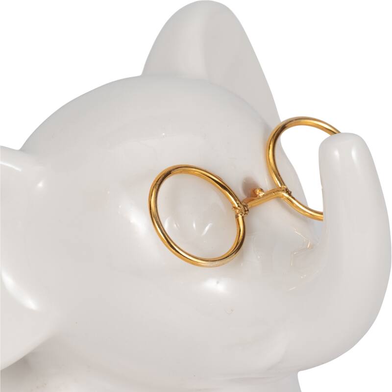 Sagebrook Home Ceramic Elephant Figurine With Glasses, Whimsical White and Gold Decor Accent - 5.5" x 4" x 5.5"