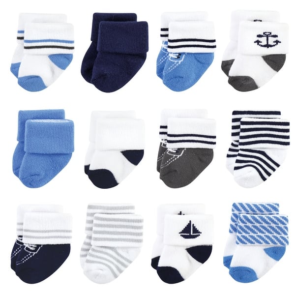 slide 1 of 1, Hudson Baby Infant Boy Cotton Rich Newborn and Terry Socks, Nautical 12-Pack 0-6 Months - Nautical 12-Pack