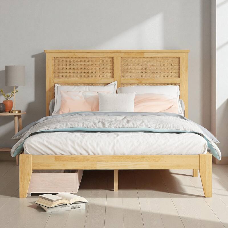Full/King Size Rubber Wood Bed with Rattan Headboard and 2 Storage Drawers, Solid Frame with Reinforced Support Slats and Feet