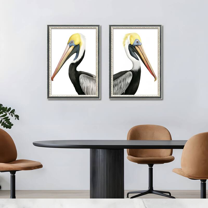 Set of 2 Pelican Bird Framed Wall Art - Replaceable Canvas Prints with Solid Wood Picture Frames, Modern Nature Wall Decor
