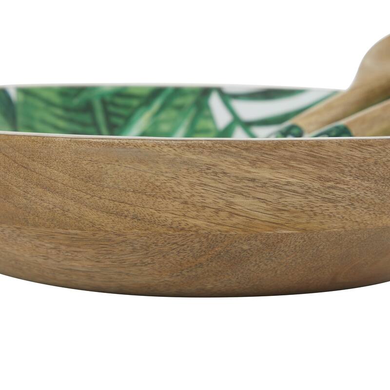 Mango Wood Handmade Decorative Bowl with Matching Salad Serving Utensils - Set of 3 Cream or Green - Roche River Decor