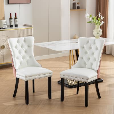 Modern, High-end Tufted Solid Wood Contemporary PU and Velvet Upholstered Dining Chair with Wood Legs Nailhead