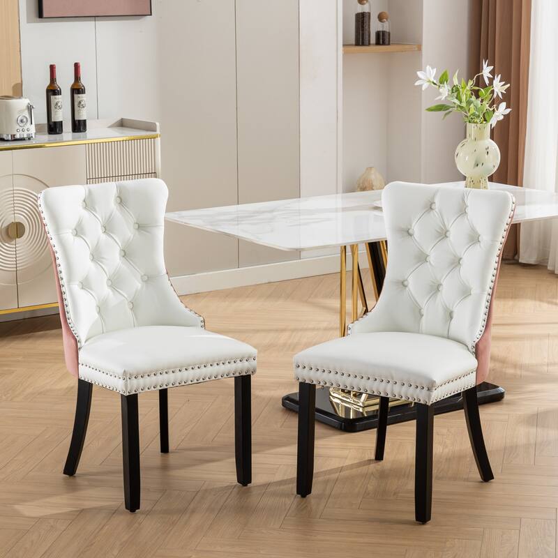 Tufted Solid Wood PU and Velvet Upholstered Dining Chair with Wood Legs 2-Pcs Set