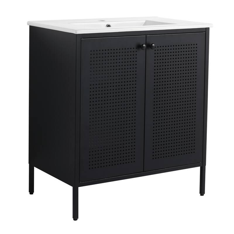 Bathroom Vanity with Ceramic Sink, Freestanding Bathroom Storage Cabinet, Bathroom Vanities with 2 Doors & Adjustable Shelves