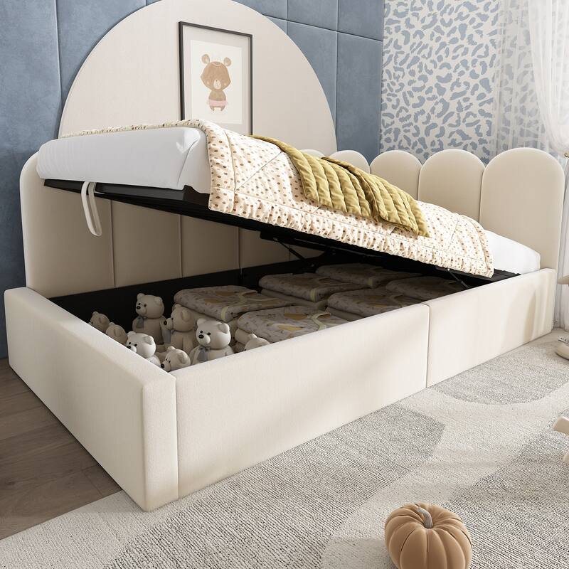 Velvet Upholstered Daybed with Hydraulic Storage, Twin Size Sofa Bed, Metal Slatted Frame, Beige