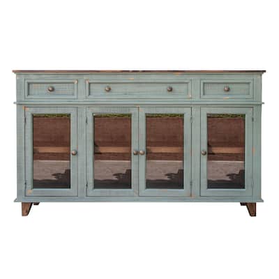 Rozy 70 Inch Console Sideboard Cabinet, 4 Glass Doors, Teal Blue Pine Wood