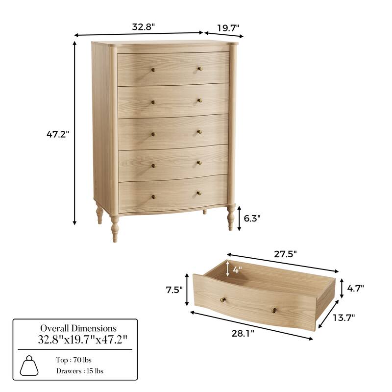 5 Drawer Chest Dresser for Bedroom, Wooden Chest of Drawers with Turned Solid Wood Legs, Modern Storage Dresser, 32.8" Wide