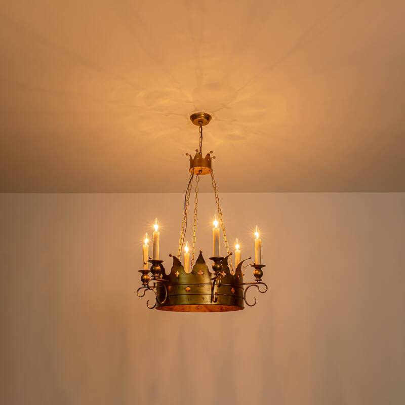 6-Light Luxury Retro Antique Gold Crown Metal Hanging Light Chandelier for Hallways,Living Room