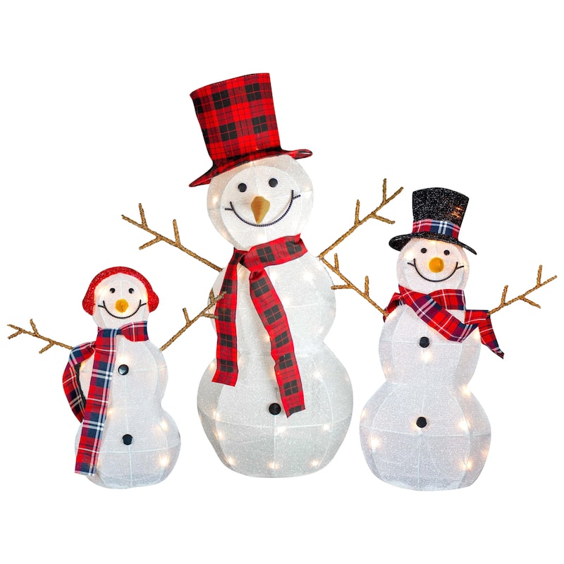 Lighted Tinsel Snowmen Family Christmas Outdoor Decorations - Clear Lights - Set of 3 - White