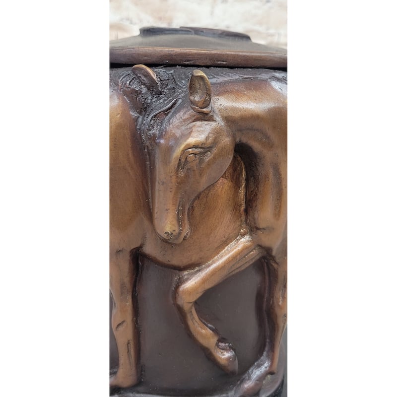 Bronze Imitative Horse Relief Sculpture Vase – Equestrian Art Urn With Imitative Horse Figures On Marble Base