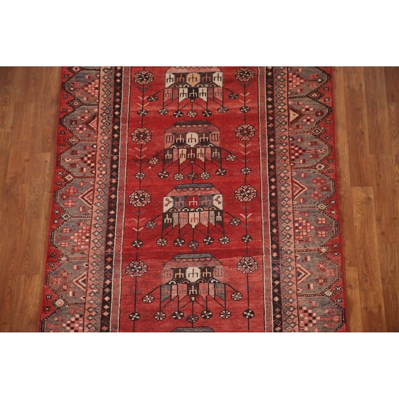 Geometric Hamedan Persian Vintage Runner Rug Hand-Knotted Wool Carpet - 3'9"x 9'5"
