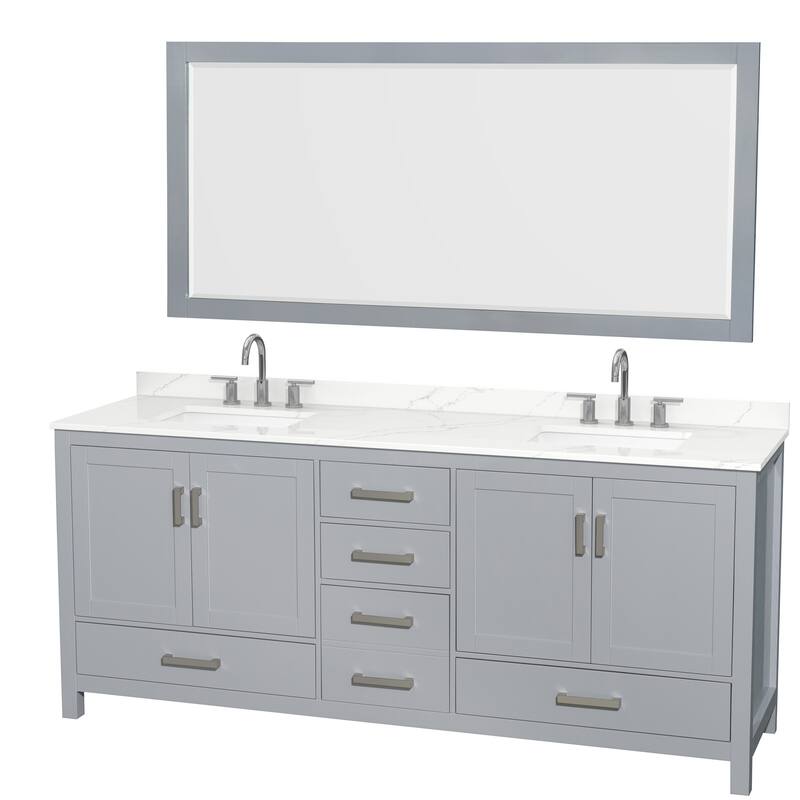 Sheffield 80-inch Double Vanity, 3 Hole Quartz Top, 70-inch Mirror - Gray, Chrome Trim, Giotto Quartz Top