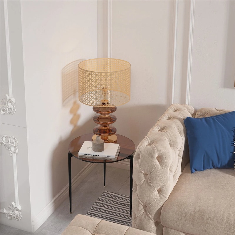 Round Tempered Glass End Table Sofa Table with Metal Frame for Living Room - 19.7x19.7 inch