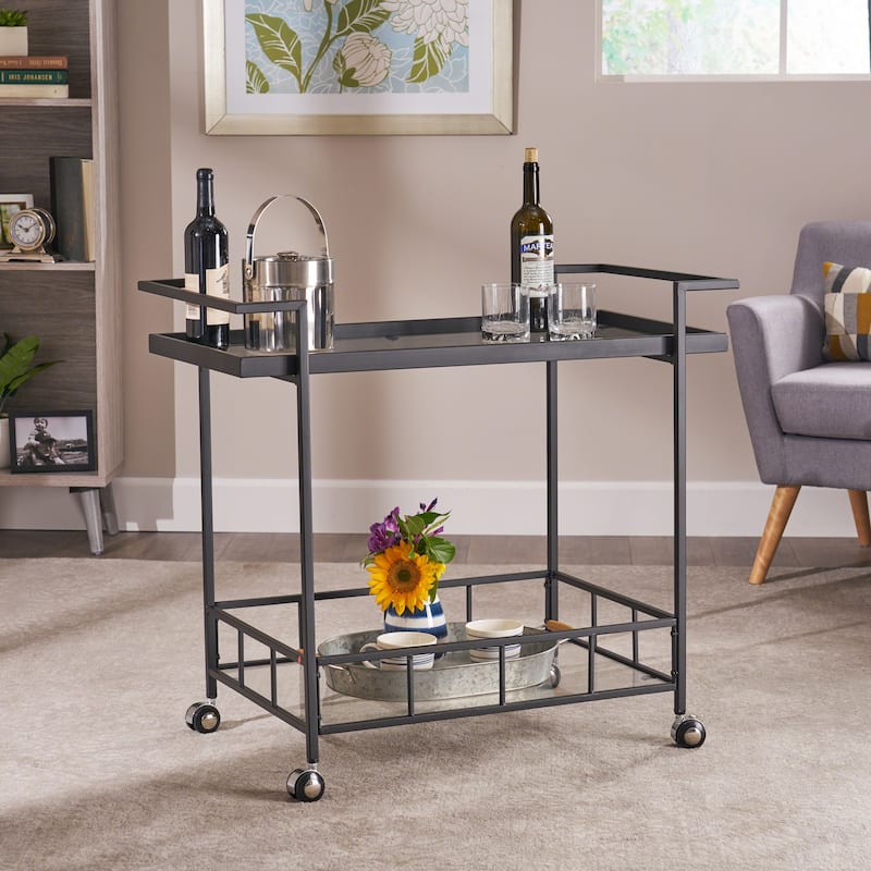 Ambrose Industrial Glass Bar Cart with Shelves by Christopher Knight Home - Iron/Glass - Black