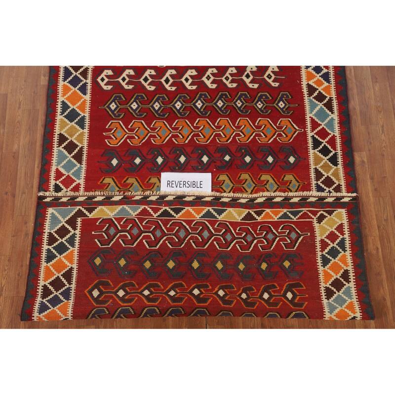 Geometric Kilim Qashqai Persian Vintage Rug Hand-Woven Wool Carpet - 5'2" x 7'7"