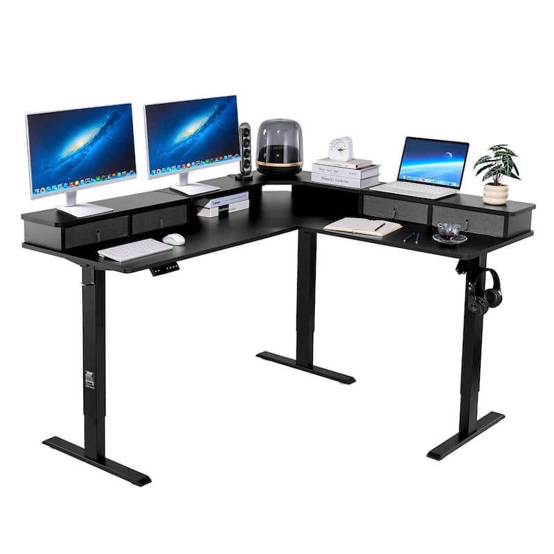 Black Carbon Steel Electric L Shaped Standing Desk with Dual Motors and Drawers
