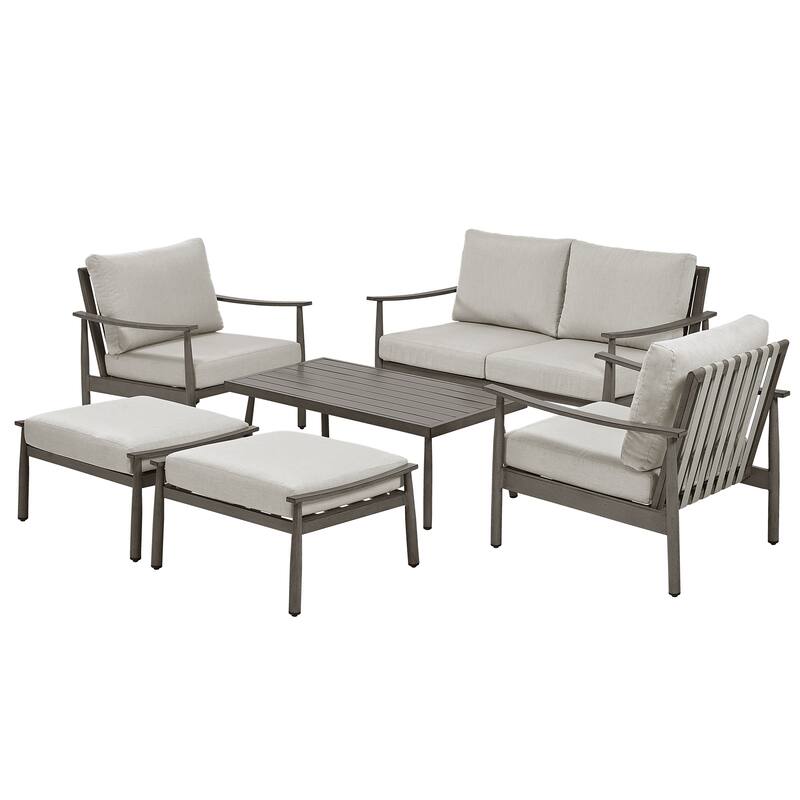 6-Piece Aluminum Patio Conversation Set, 2-Seat Outdoor Couch with Coffee Table and Cushions - Grey