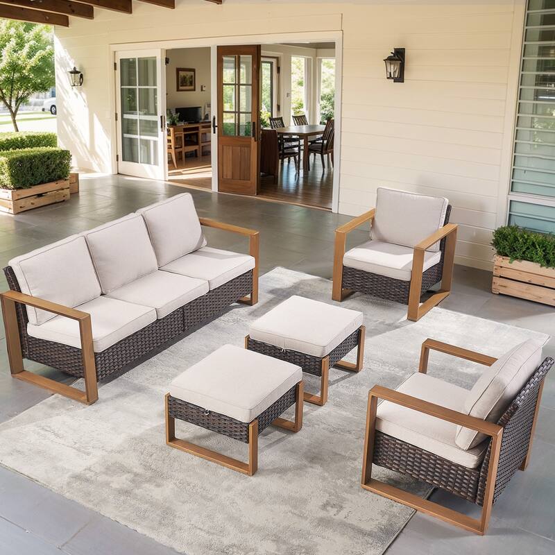 Gymojoy Outdoor Sofa Patio Chair with Ottoman Funiture - Brown - Beige