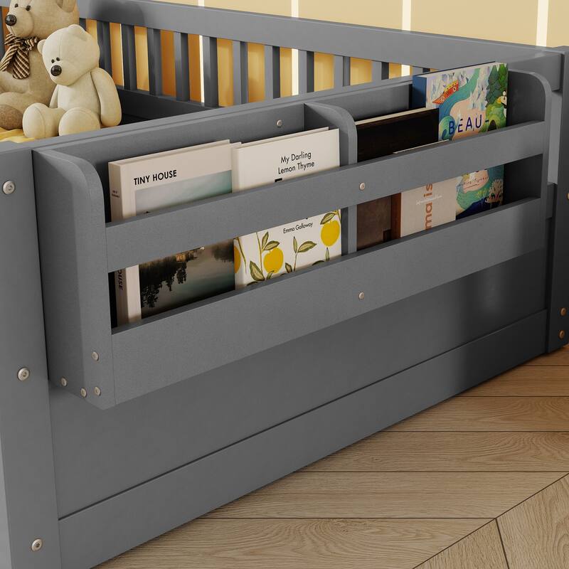 Twin Montessori Floor Bed Frame with High Rails, Wood Kids Floor Beds with Light and Storage Shelf