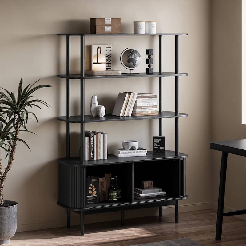 Bookshelf with Sliding Tambour Doors, Mid Century Modern Bookshelf with Storage, Wooden Open Display Shelf