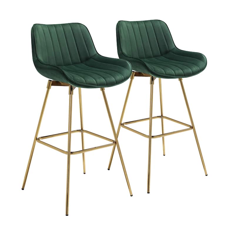 HomeRoots Set of Two 29" Green and Gold Velvet and Metal Low Back Bar Height Swivel Bar Chairs