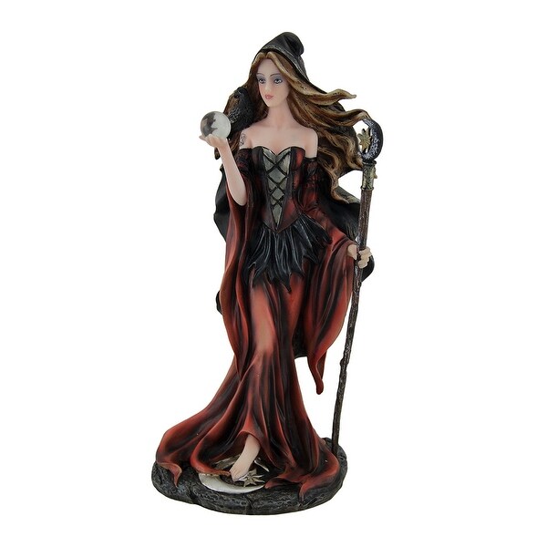 Red Lunar Witch Statue in Black Cloak w/Raven, Moon Staff and Crystal Ball - 10.25 X 5.5 X 4 inches
