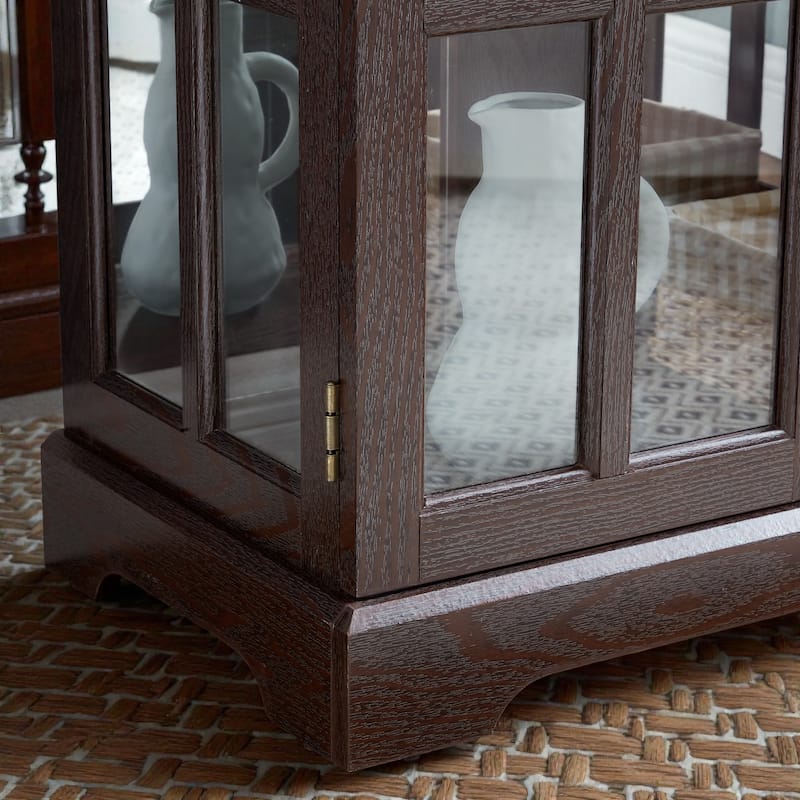 LED Curio Display Cabinet with Adjustable Glass Shelves, Antique Style Storage Cabinet with Lattice Doors