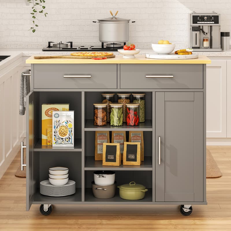 Rolling Kitchen Island with Storage Cabinet & Drawers - Rubber Wood Top for Dining & Kitchen Storage