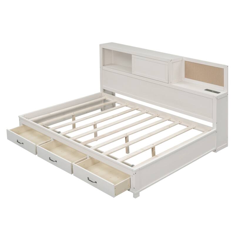 Full/Twin Size Built-in Storage Bed Versatile Wooden Daybed with 3 Drawers, Pushable Top Shelf, USB Ports and Power Outlets