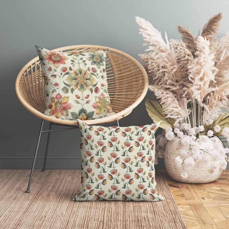 Retro Floral Faux Suede Reversible Throw Pillow Red and Beige