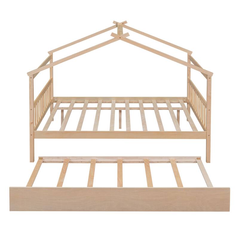 Twin/Full House Bed with Pull-Out Trundle, Solid Pine Wood Frame for Sleepovers