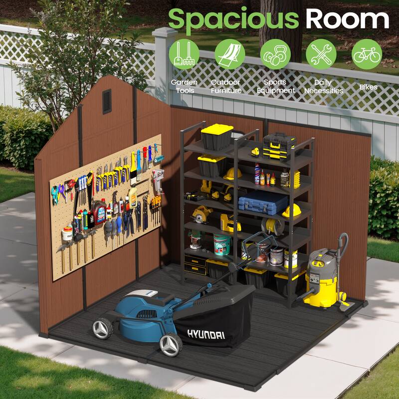 8X8 FT All-Weather Waterproof Outdoor Resin Storage Shed Windows Lockable Door with Floor for Patio Furniture and Tools