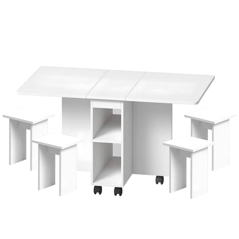 Folding Drop Leaf Dining Table Set for 4 with 4 Chairs, Space Saving Foldable Dining Table with Storage and 6 Wheels