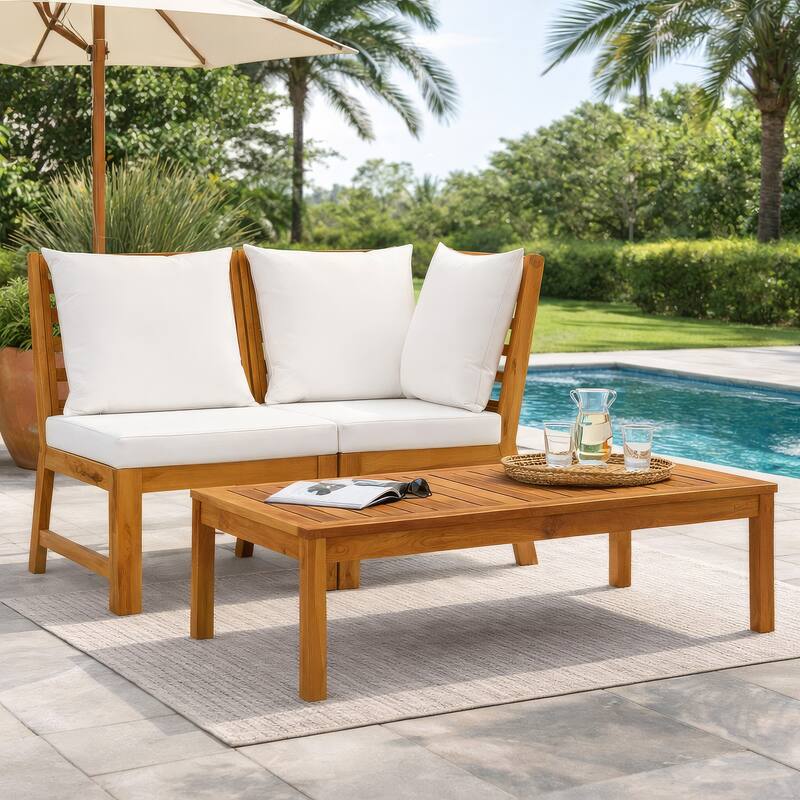 Roma 3pc Modular Outdoor Sofa and Table Set, Solid Acacia Wood, White